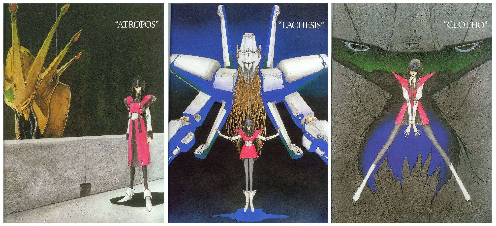 Da sinistra a destra: illustrazioni ritraenti Atropos, Lachesis e Clotho, il trio di fatima principale di The Five Star Stories. Immagini tratte da F.S.S. Designs 2 Addler: Juno (Kadokawa Shouten, 2007).