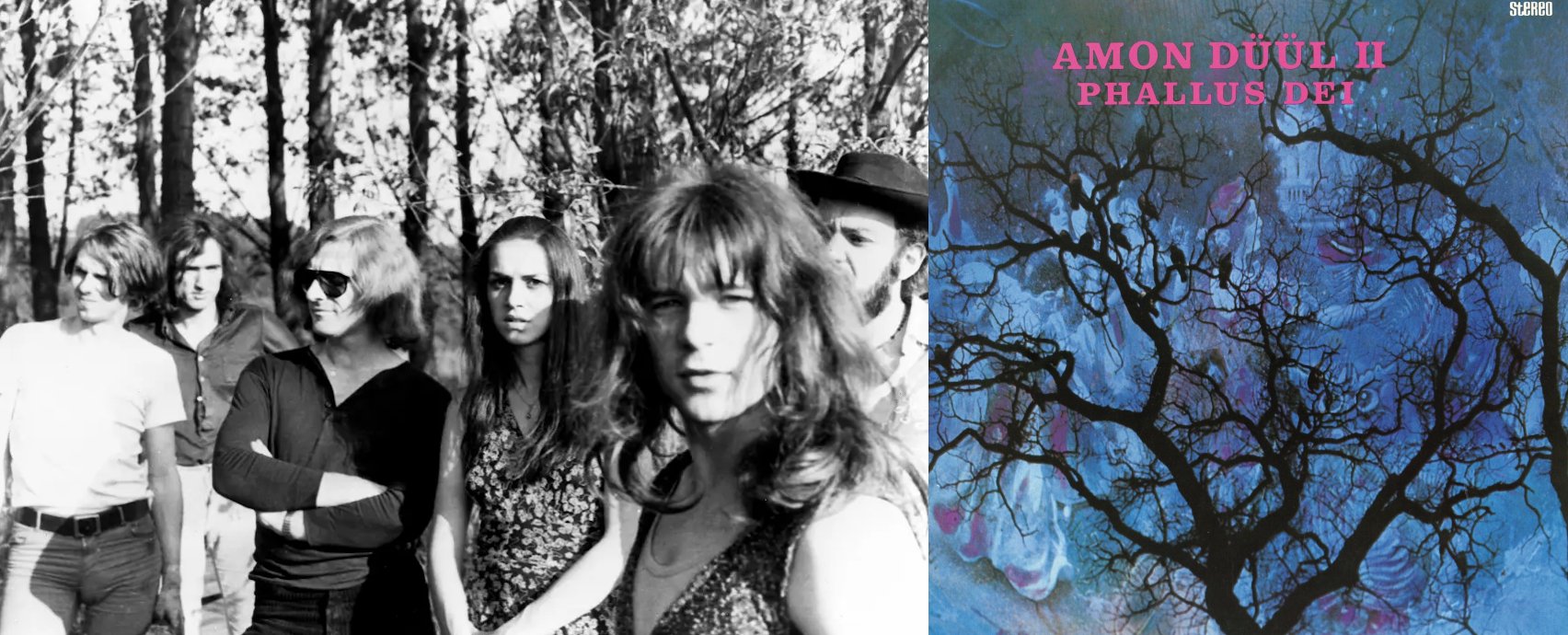 A sinistra: gli Amon Düül II, una delle band maggiormente omaggiate all’interno di The Five Star Stories (credits foto: Getty Images, Gems). A destra: copertina di Phallus Dei, primo album del gruppo (1969, Liberty).