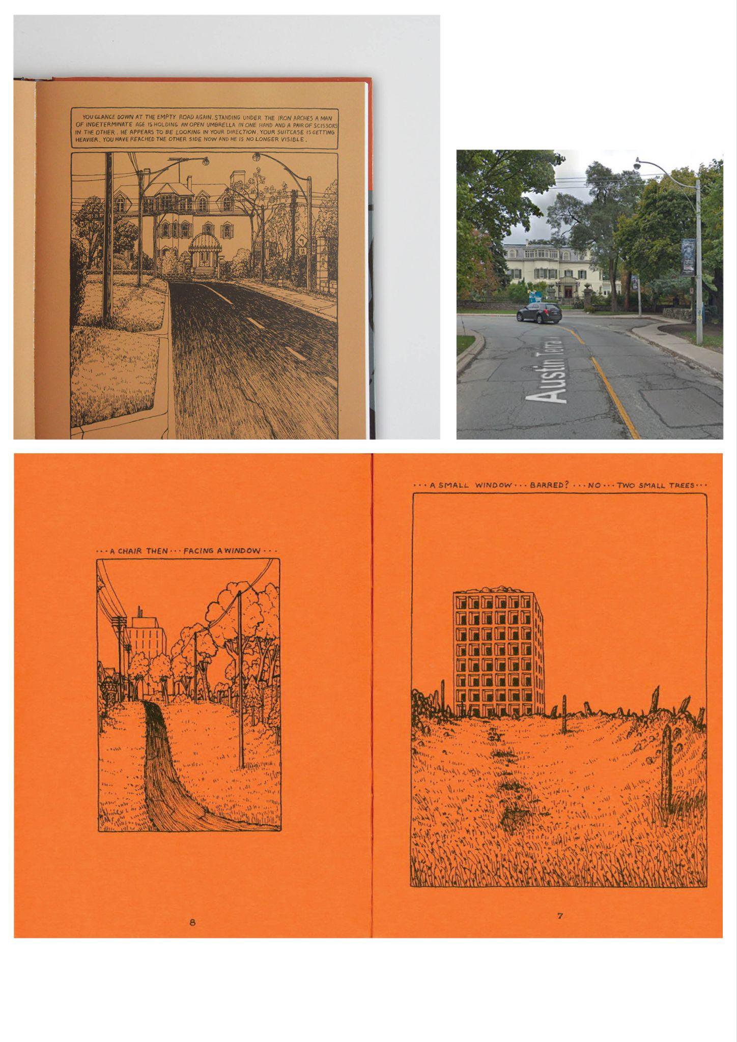 Fig. 1, In alto: una comparazione della Austin Terrace rappresentata da Vaughn-James in una vignetta da The Projector e l’attuale strada su Google Street View. In basso: una doppia pagina di The Park.