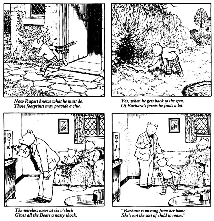 Fig. 2, Quattro vignette (non in continuità tra di loro) estrapolate da Rupert, A bear’s Life (1985).
